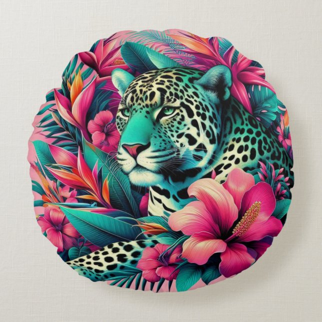 Roze Leopard Tropische Kunst Rond Kussen (Voorkant)