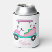 Roze Leren Elegante Golfkar Naam Blikjeskoeler (Blikje Voorkant)