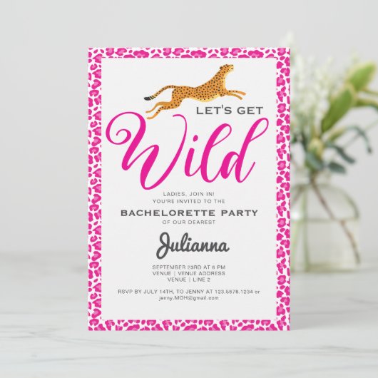 Roze Let's Get Wild Coogar Leopard Bachelorette Kaart (Staand voorkant)