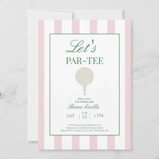 Roze 'Let's Par-Tee' golf eerste verjaardagsuitnod Kaart (Voorkant)