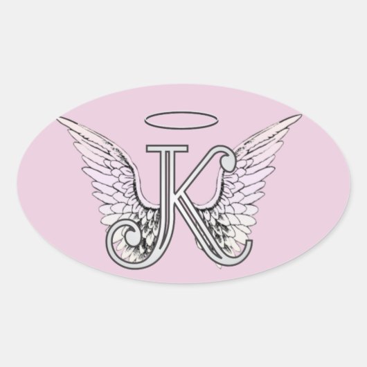 Roze letter K Angel Wings Monogram Ovale Sticker (Voorkant)