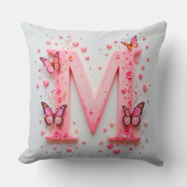 Roze Letter M-ontwerp Met Vlinders Kussen (Voorkant)