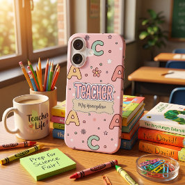 Roze Letters Leraar School Patroon iPhone 16 Hoesje