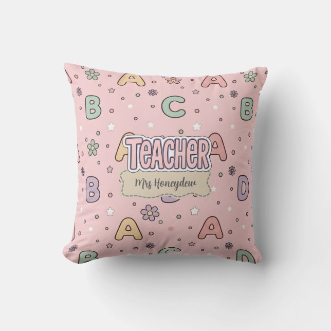 Roze Letters Leraar School Patroon  Kussen (Voorkant)
