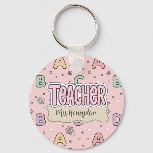 Roze Letters Leraar School Patroon Sleutelhanger (Voorkant)