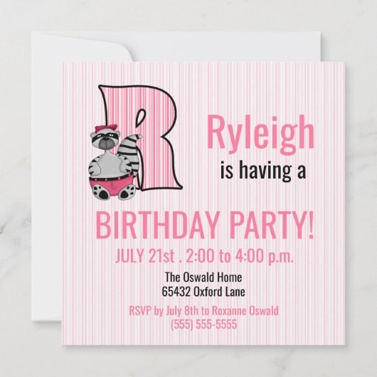 Roze letters R Kinderen Birthday Partij Kaart (Achterkant)