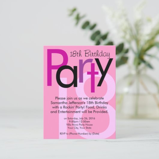 Roze lettertype 18e verjaardag Party uitnodiging (Staand voorkant)