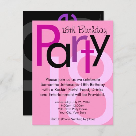 Roze lettertype 18e verjaardag Party uitnodiging