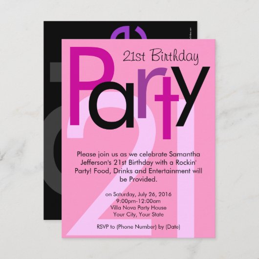 Roze lettertype 21e verjaardag Party uitnodiging (Voorkant / Achterkant)