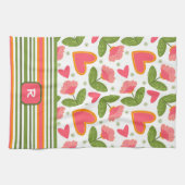 Roze Leuk Chic Monogram Initiaal Floral Striped Theedoek (Horizontaal)