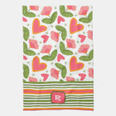 Roze Leuk Chic Monogram Initiaal Floral Striped Theedoek (Verticaal)
