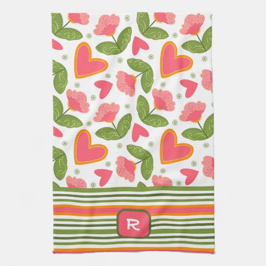 Roze Leuk Chic Monogram Initiaal Floral Striped Theedoek (Verticaal)