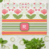 Roze Leuk Chic Monogram Initiaal Floral Striped Theedoek (Gevouwen)