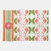 Roze Leuk Chic Monogram Initiaal Floral Striped Theedoek (Horizontaal)