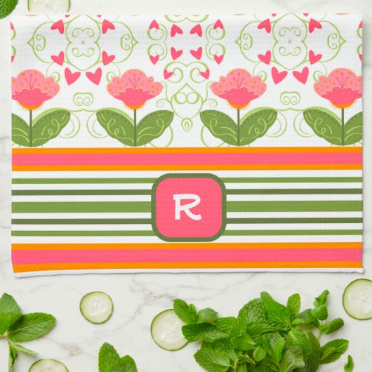 Roze Leuk Chic Monogram Initiaal Floral Striped Theedoek