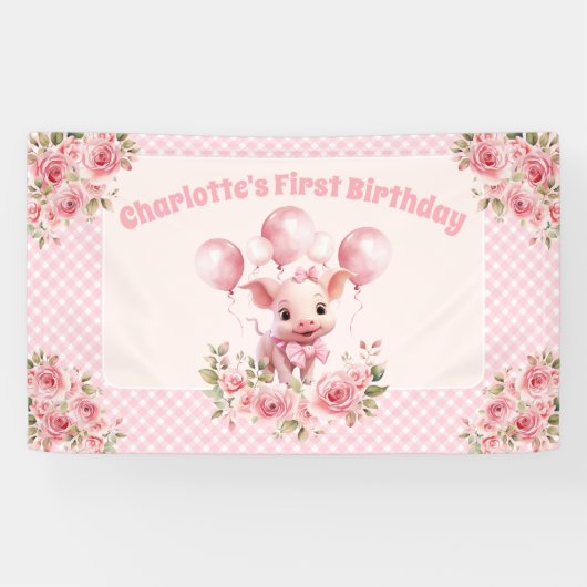 Roze Leuk Piggy Meisje 1e Verjaardagsfeestbanner Spandoek (Horizontaal)