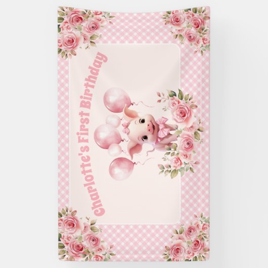 Roze Leuk Piggy Meisje 1e Verjaardagsfeestbanner Spandoek (Verticaal)