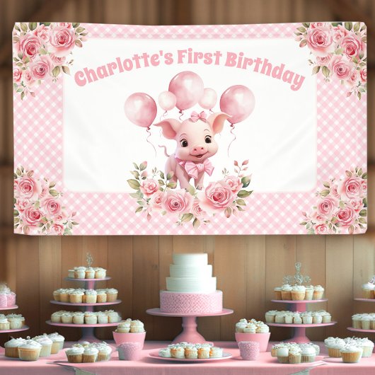 Roze Leuk Varken Boerderij Meisje 1e Verjaardagsfe Spandoek