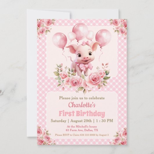 Roze Leuk Varken Boerderij Meisje 1e Verjaardagsui Kaart (Voorkant)