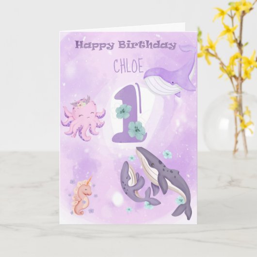 Roze Leuke Dier 1e Verjaardag Kaart (Gele Bloem)