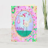 Roze Leuke Ooievaar Whimsical Oh Baby Meisje Kaart (Voorkant)