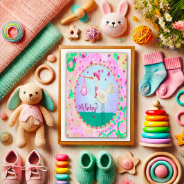 Roze Leuke Ooievaar Whimsical Oh Baby Meisje Kaart