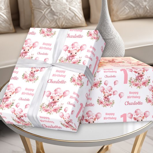 Roze Leuke Piggy Boerderij Thema Meisje 1e Verjaar Cadeaupapier