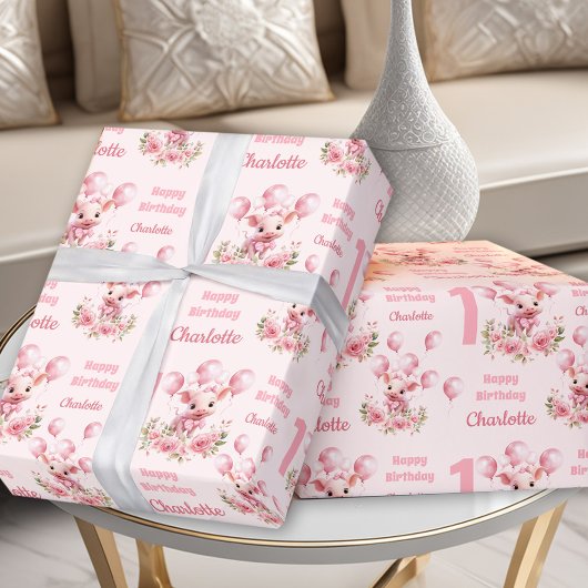 Roze Leuke Piggy Roze Boerderij Meisje 1e Verjaard Cadeaupapier