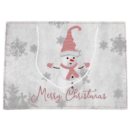 Roze Leuke Sneeuwman Geschenk Zak Groot Cadeauzakje (Voorkant)