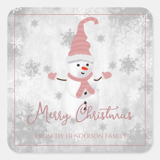 Roze Leuke Sneeuwman Kerst sticker (Voorkant)