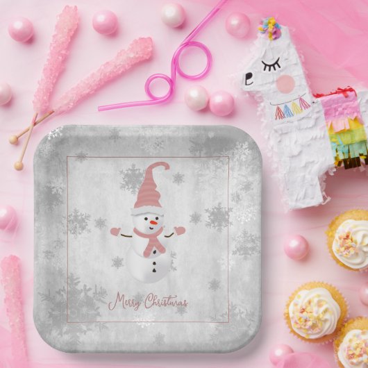 Roze Leuke Sneeuwman Papier Bord (Feest)