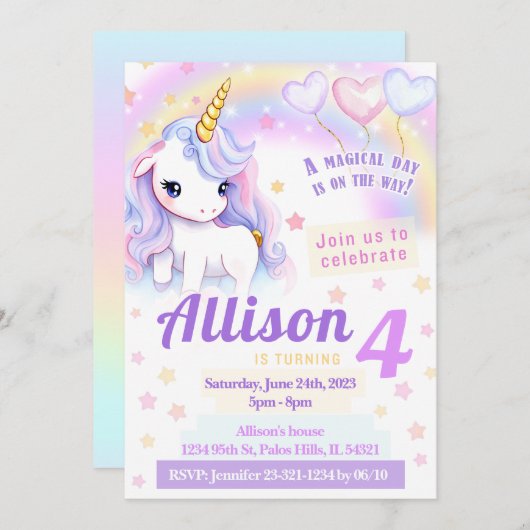 Roze leuke uitnodiging voor eenhoorn voor regenboo (Voorkant / Achterkant)