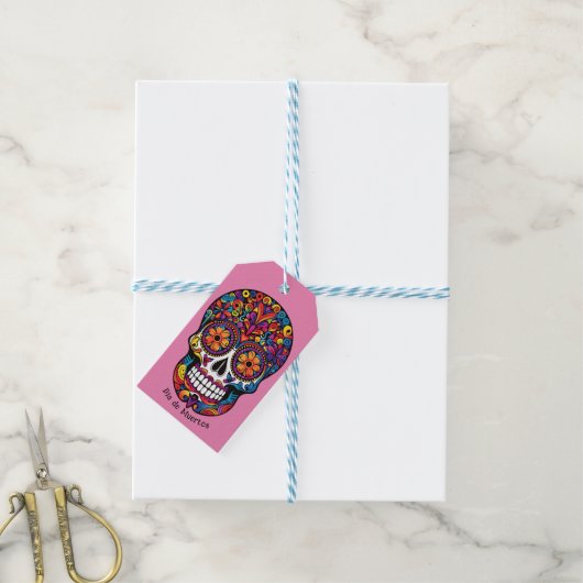 Roze levendige Dia de Muertos suikerschedel Cadeaulabel (Met Touw)