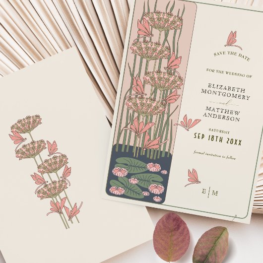 Roze libel bewaar de datum Belle Epoque Nouveau Kaart