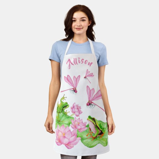 Roze libellen en groene kikkers op maat schort (Gedragen)