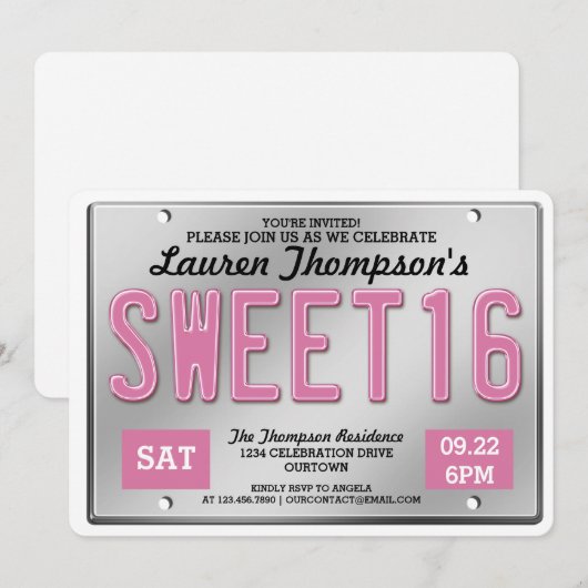 Roze Licentie Bord Sweet 16 Party Invitations Kaart (Voorkant / Achterkant)