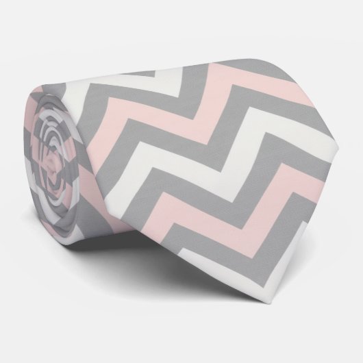 Roze, licht beige en lichtgrijs chevron stropdas (Opgerold)