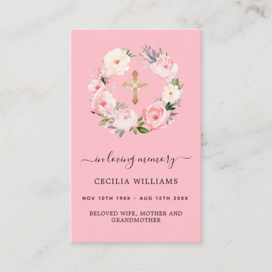Roze lichte bloemen kruisen begrafenis gebedskaart visitekaartje (Voorkant)