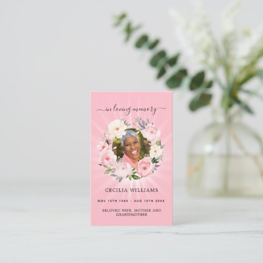 Roze lichte foto bloemenkrans begrafenis gebedskaa visitekaartje (Staand voorkant)