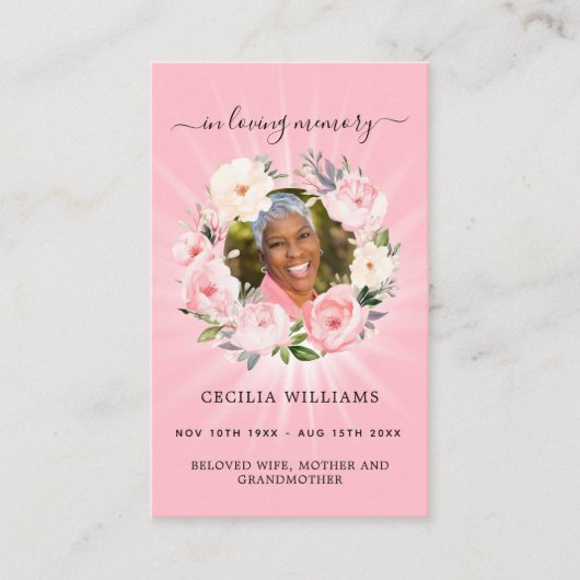 Roze lichte foto bloemenkrans begrafenis gebedskaa visitekaartje (Voorkant)