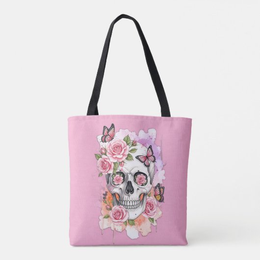 Roze Lichte Legacy - Gotische Schedel & Roos Canva Tote Bag (Achterkant)