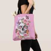 Roze Lichte Legacy - Gotische Schedel & Roos Canva Tote Bag (Dichtbij)