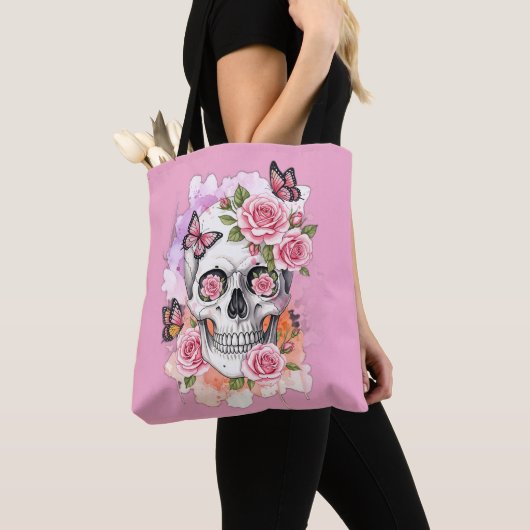 Roze Lichte Legacy - Gotische Schedel & Roos Canva Tote Bag (Dichtbij)