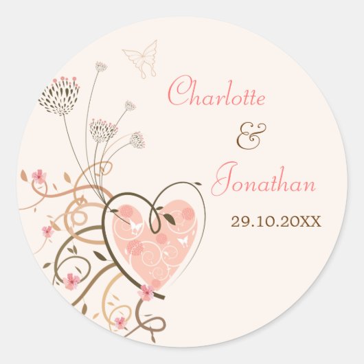 Roze Lief Hart Vlinder Swirls Bruiloft Sticker (Voorkant)
