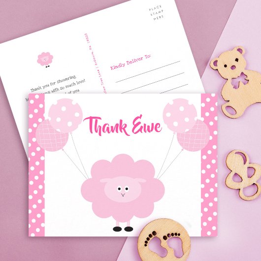Roze lief lam meisje Baby shower Schattige dank u Briefkaart
