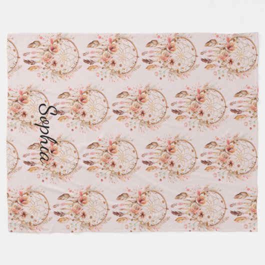 Roze Liefde Boho Bloemen Veren Droomvanger Fleece Deken (Voorkant (Horizontaal))