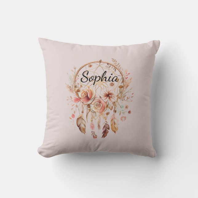 Roze Liefde Boho Bloemen Veren Droomvanger Kussen (Voorkant)