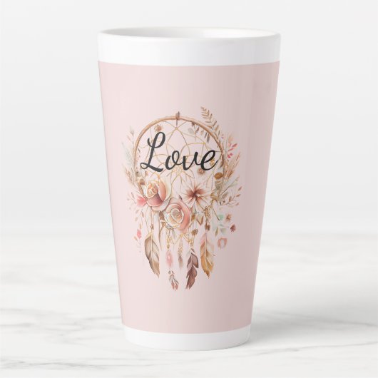 Roze Liefde Boho Bloemen Veren Droomvanger Latte Mok (Voorkant)