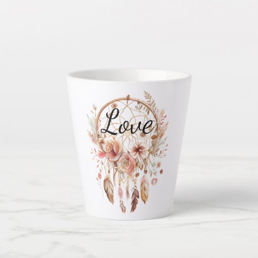 Roze Liefde Boho Bloemen Veren Droomvanger Latte Mok (Voorkant)
