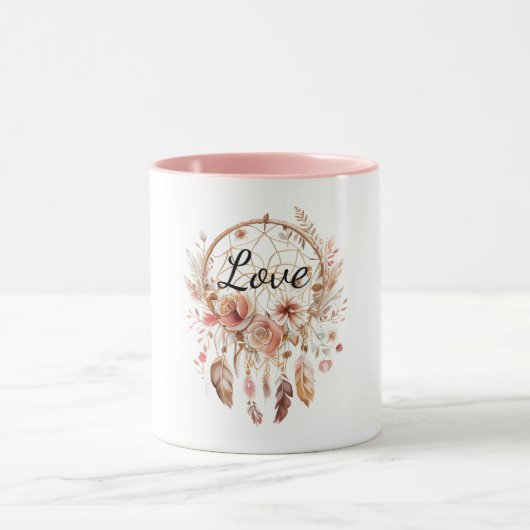 Roze Liefde Boho Bloemen Veren Droomvanger Mok (Midden)